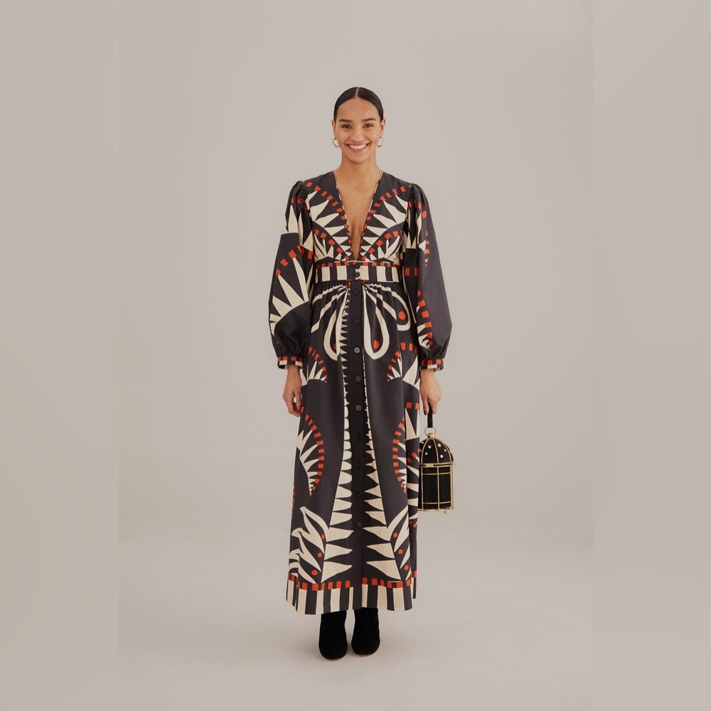 Farm Rio Black Coconut Grove Puff Sleeve Maxi Dress